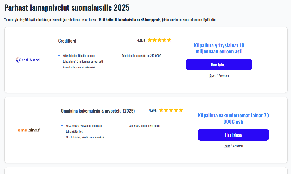 Lainaluotsi.fi esittelee parhaat lainat ja lainapalvelut suomalaisille